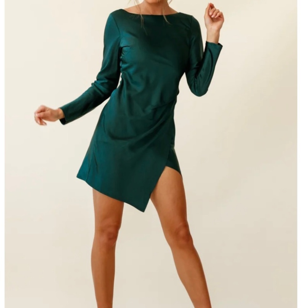 Long Sleeve Forest Green Silk Open Back Dress